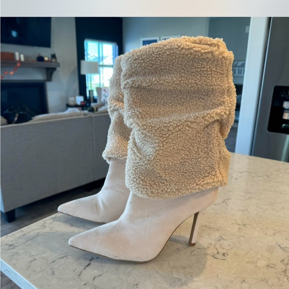 Fashion Nova Cream Shearling Heeled Boots